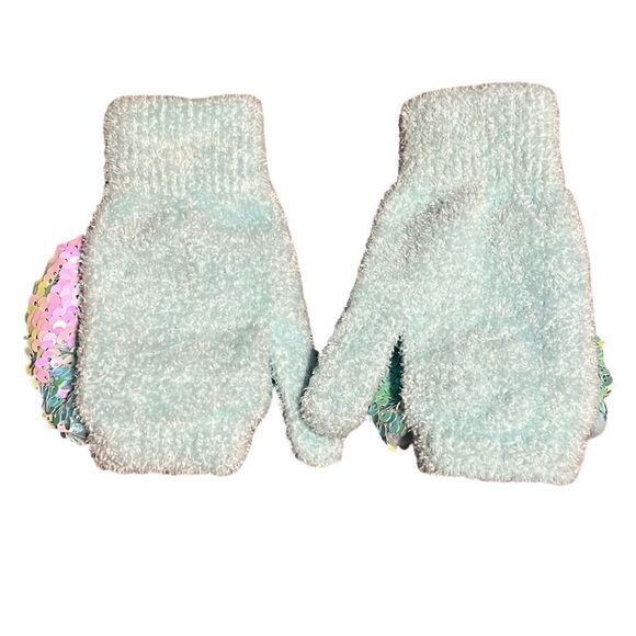 Mittens Gloves One Size Justice Blue Flip Sequin Button & Loop Soft Sparkle - Picture 4 of 8